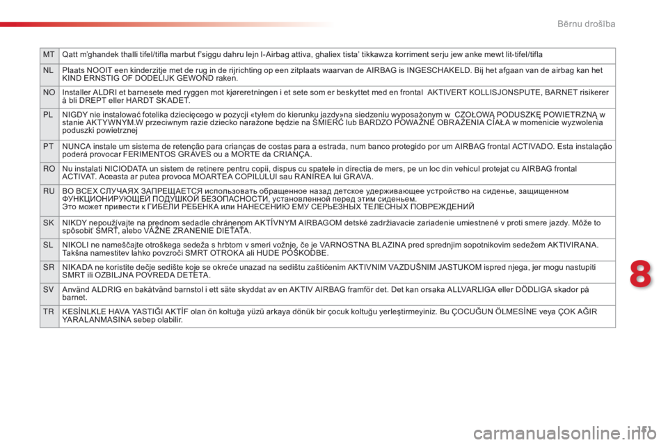 CITROEN C4 CACTUS 2014  Lietošanas Instrukcija (in Latvian) 151
MTQatt m’ghandek thalli tifel/tifla marbut f’siggu dahru lejn l-Airbag attiva, ghaliex tista’ tikkawza korriment serju jew anke mewt lit-tifel/tifla
NL Plaats NOOIT een kinderzitje met de ru