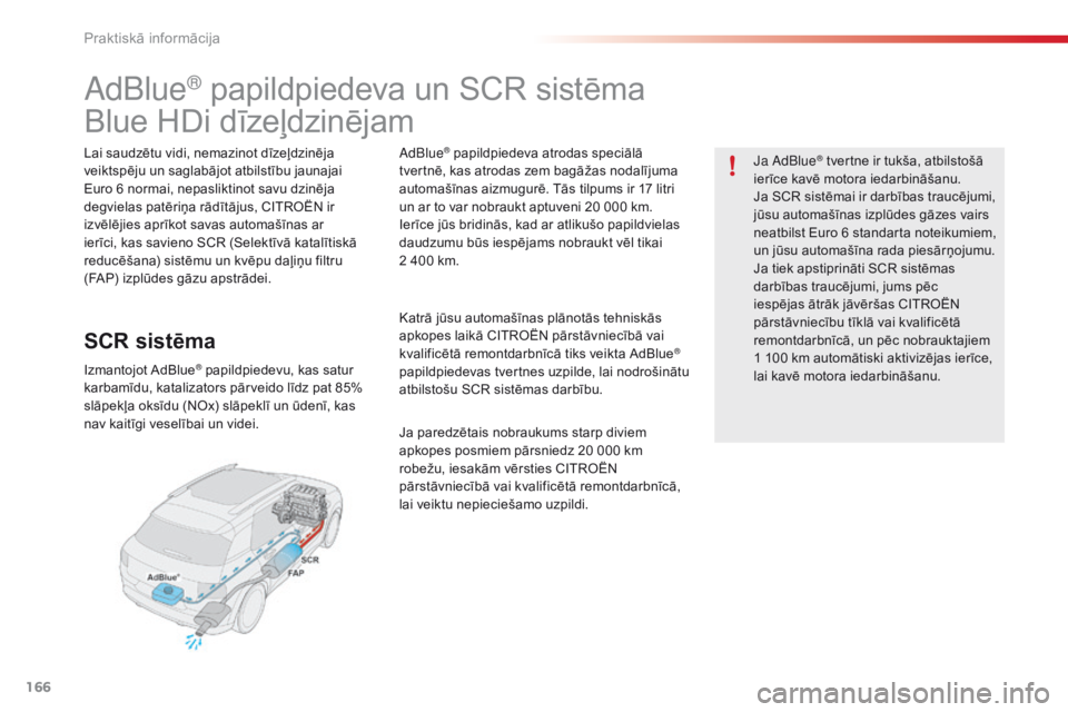 CITROEN C4 CACTUS 2014  Lietošanas Instrukcija (in Latvian) 166
E3_lv_Chap09_info_pratiques_ed01-2014
AdBlue® papildpiedeva un SCR sistēma
Blue HDi dīzeļdzinējam
Lai saudzētu vidi, nemazinot dīzeļdzinēja 
veiktspēju un saglabājot atbilstību jaunaja