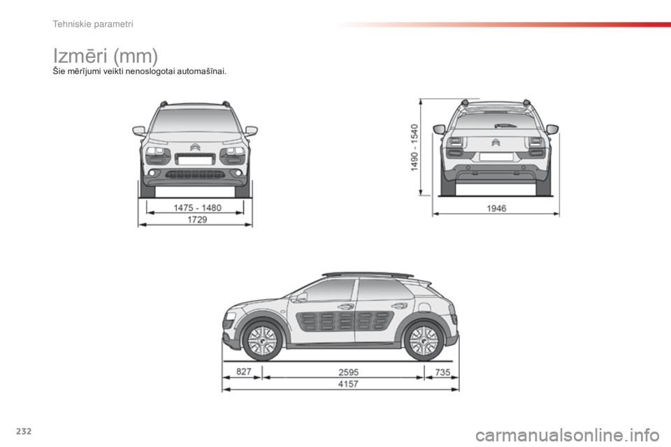 CITROEN C4 CACTUS 2014 Lietošanas Instrukcija (in Latvian) 232
E3_lv_Chap11_caracteristiques_techniques_ed01-2014
Izmēri (mm)Šie mērījumi veikti nenoslogotai automašīnai.
T CITROEN C4 CACTUS 2014 Lietošanas Instrukcija (in Latvian) 232
E3_lv_Chap11_caracteristiques_techniques_ed01-2014
Izmēri (mm)Šie mērījumi veikti nenoslogotai automašīnai.
T