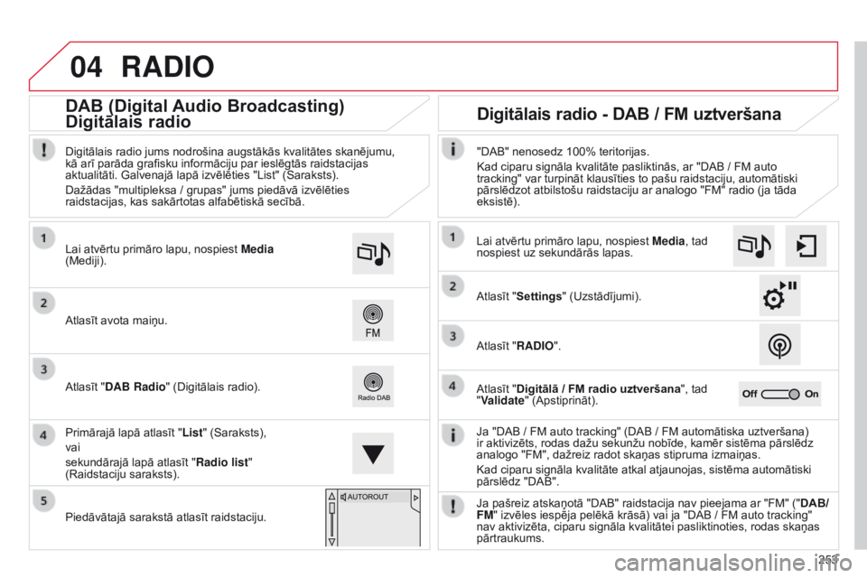 CITROEN C4 CACTUS 2014 Lietošanas Instrukcija (in Latvian) 04
253
E3_lv_Chap12b_SMEGplus_ed01-2014
RADIO
Ja "DAB / FM auto tracking" (DAB / FM automātiska uztveršana)
ir aktivizēts, rodas dažu sekunžu nobīde, kamēr sistēma pārslēdz
analogo CITROEN C4 CACTUS 2014 Lietošanas Instrukcija (in Latvian) 04
253
E3_lv_Chap12b_SMEGplus_ed01-2014
RADIO
Ja "DAB / FM auto tracking" (DAB / FM automātiska uztveršana)
ir aktivizēts, rodas dažu sekunžu nobīde, kamēr sistēma pārslēdz
analogo