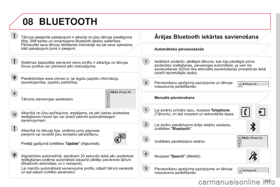 CITROEN C4 CACTUS 2014 Lietošanas Instrukcija (in Latvian) 08
297
E3_lv_Chap12b_SMEGplus_ed01-2014
Atkarībā no jūsu aprīkojuma, iespējams, ka pēc katras aizdedzes
ieslēgšanas reizes tas var prasīt piekrist automātiskajam
savienojumam.
Atkarībā n CITROEN C4 CACTUS 2014 Lietošanas Instrukcija (in Latvian) 08
297
E3_lv_Chap12b_SMEGplus_ed01-2014
Atkarībā no jūsu aprīkojuma, iespējams, ka pēc katras aizdedzes
ieslēgšanas reizes tas var prasīt piekrist automātiskajam
savienojumam.
Atkarībā n