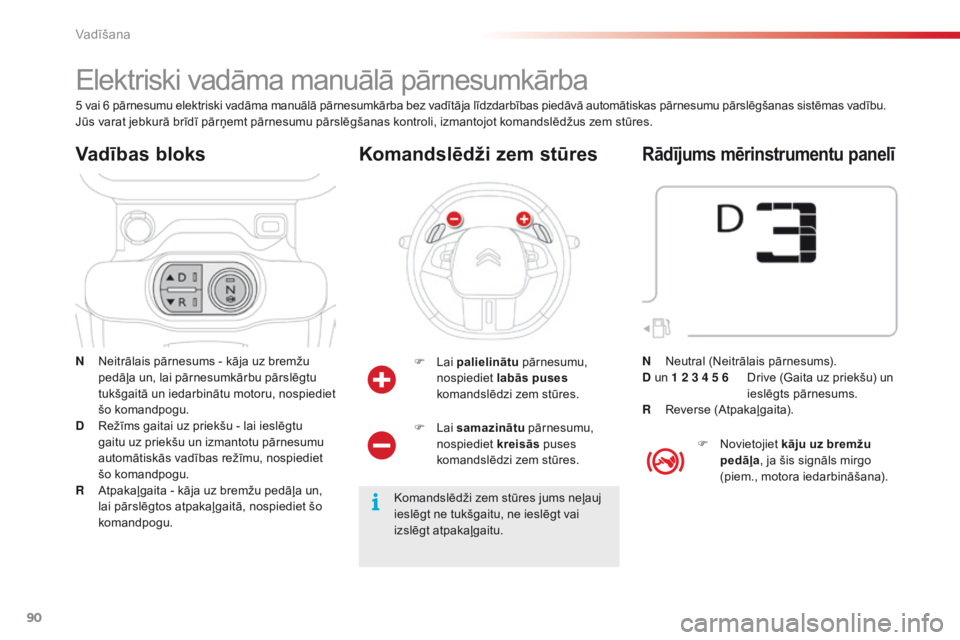 CITROEN C4 CACTUS 2014  Lietošanas Instrukcija (in Latvian) 90
E3_lv_Chap05_conduite_ed01-2014
Elektriski vadāma manuālā pārnesumkārba
N Neitrālais pārnesums - kāja uz bremžu pedāļa un, lai pārnesumkārbu pārslēgtu 
tukšgaitā un iedarbinātu mo