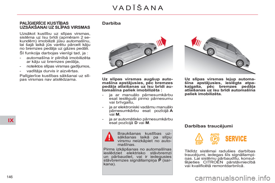 CITROEN C4 PICASSO 2013  Lietošanas Instrukcija (in Latvian) IX
146 
VA DĪŠANA
PALĪGIERĪCE KUSTĪBASUZSĀKŠANAI UZ SLĪPAS VIRSMAS 
 
Uzsākot kustību uz slīpas virsmas, 
sistēma uz īsu brīdi (apmēram 2 se-
kundēm) imobilizē jūsu automašīnu, 
la