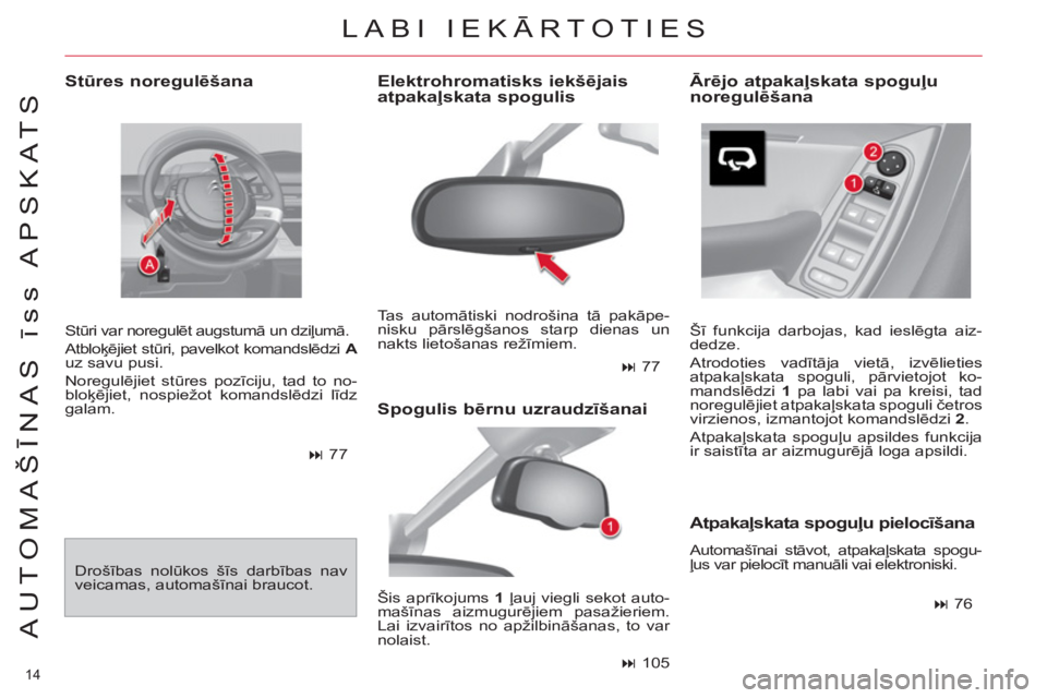 CITROEN C4 PICASSO 2013 Lietošanas Instrukcija (in Latvian) 14
AUTOMAŠĪNAS īss APSKATS
Stūres noregulēšana
Stūri var noregulēt augstumā un dziļumā.
Atbloķējiet stūri, pavelkot komandslēdzi A
uz savu pusi.
Noregulējiet stūres CITROEN C4 PICASSO 2013 Lietošanas Instrukcija (in Latvian) 14
AUTOMAŠĪNAS īss APSKATS
Stūres noregulēšana
Stūri var noregulēt augstumā un dziļumā.
Atbloķējiet stūri, pavelkot komandslēdzi A
uz savu pusi.
Noregulējiet stūres