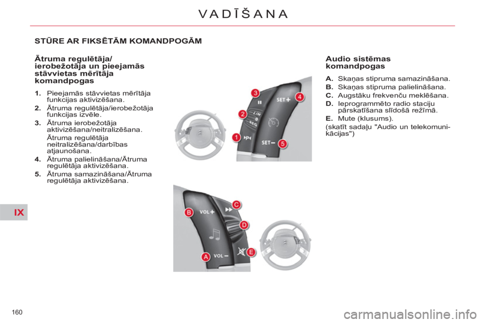 CITROEN C4 PICASSO 2013  Lietošanas Instrukcija (in Latvian) IX
160 
VA DĪŠANA
STŪRE AR FIKSĒTĀM KOMANDPOGĀM
   
Ātruma regulētāja/
ierobežotāja un pieejamās 
stāvvietas mērītāja 
komandpogas 
   
 
1. 
 Pieejamās stāvvietas mērītāja 
funkc