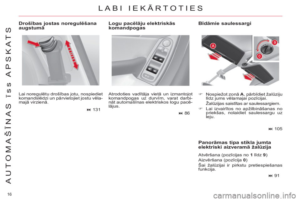 CITROEN C4 PICASSO 2013  Lietošanas Instrukcija (in Latvian) 16 
AUTOMAŠĪNAS īss APSKATS
 
 
Drošības jostas noregulēšana 
augstumā 
 
Lai noregulētu drošības jotu, nospiediet 
komandslēdzi un pārvietojiet jostu vēla-
majā virzienā. 
   
 
� 
 