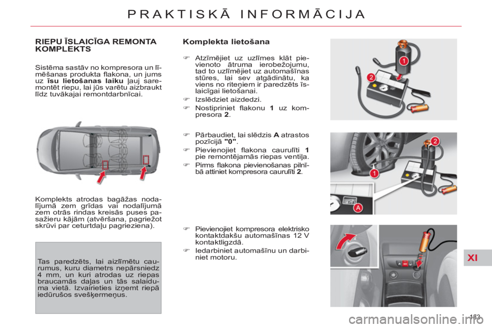CITROEN C4 PICASSO 2013 Lietošanas Instrukcija (in Latvian) XI
183
PRAKTISKĀ INFORMĀCIJA
RIEPU ĪSLAICĪGA REMONTA
KOMPLEKTS
Komplekta lietošana
Komplekts atrodas bagāžas noda-
lījumā zem grīdas vai nodalījumā
zem otrās rindas kreisās pus CITROEN C4 PICASSO 2013 Lietošanas Instrukcija (in Latvian) XI
183
PRAKTISKĀ INFORMĀCIJA
RIEPU ĪSLAICĪGA REMONTA
KOMPLEKTS
Komplekta lietošana
Komplekts atrodas bagāžas noda-
lījumā zem grīdas vai nodalījumā
zem otrās rindas kreisās pus