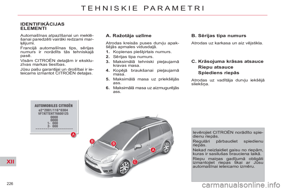 CITROEN C4 PICASSO 2013 Lietošanas Instrukcija (in Latvian) XII
226
TEHNISKIE PARAMETRI
IDENTIFIKĀCIJAS ELEMENTI
Automašīnas atpazīšanai un meklē-
šanai paredzēti vairāki redzami mar-
ķējumi.
Francijā automašīnas tips, sērijas
numurs ir n CITROEN C4 PICASSO 2013 Lietošanas Instrukcija (in Latvian) XII
226
TEHNISKIE PARAMETRI
IDENTIFIKĀCIJAS ELEMENTI
Automašīnas atpazīšanai un meklē-
šanai paredzēti vairāki redzami mar-
ķējumi.
Francijā automašīnas tips, sērijas
numurs ir n