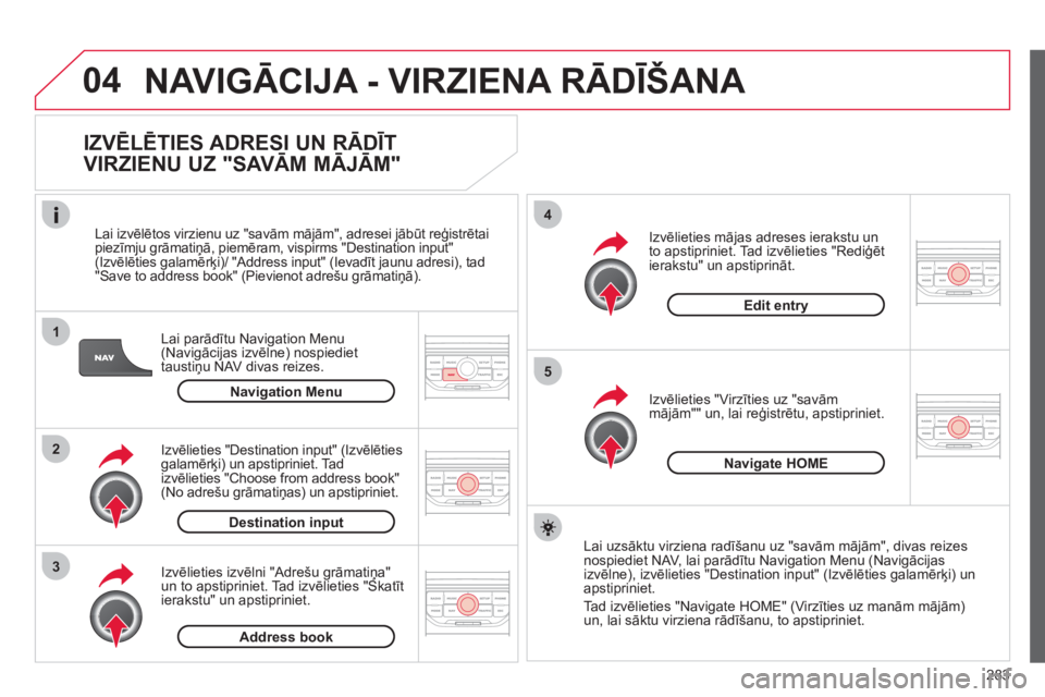 CITROEN C4 PICASSO 2013  Lietošanas Instrukcija (in Latvian) 283
04
1
2
3
5
4
  NAVIGĀCIJA - VIRZIENA RĀDĪŠANA 
 
 
IZVĒLĒTIES ADRESI UN RĀDĪT 
VIRZIENU UZ "SAVĀM MĀJĀM" 
Lai parādītu Navigation Menu(Navigācijas izvēlne) nospiediet
taustiņu NAV 