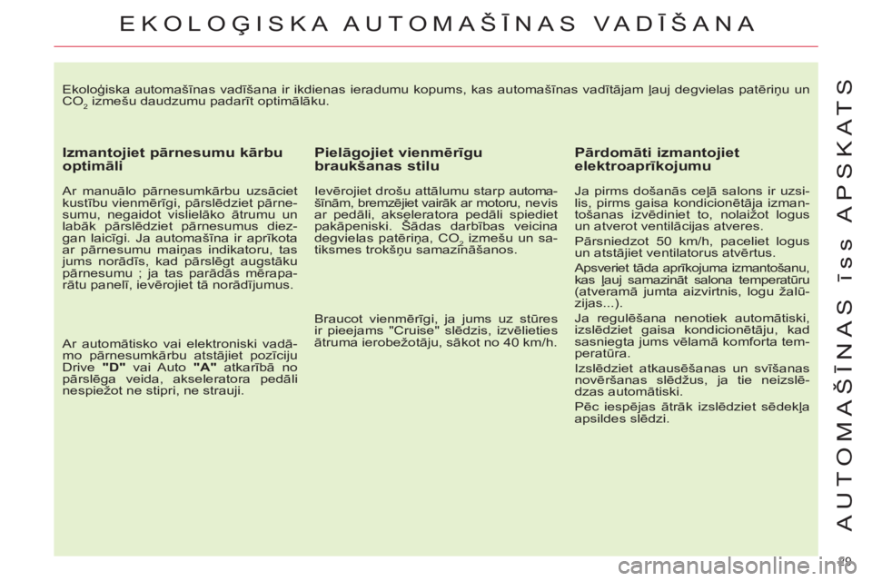 CITROEN C4 PICASSO 2013 Lietošanas Instrukcija (in Latvian) 29
AUTOMAŠĪNAS īss APSKATS
Ekoloģiska automašīnas vadīšana ir ikdienas ieradumu kopums, kas automašīnas vadītājam ļauj degvielas patēriņu un
CO
2 izmešu daudzumu padarīt optimāl CITROEN C4 PICASSO 2013 Lietošanas Instrukcija (in Latvian) 29
AUTOMAŠĪNAS īss APSKATS
Ekoloģiska automašīnas vadīšana ir ikdienas ieradumu kopums, kas automašīnas vadītājam ļauj degvielas patēriņu un
CO
2 izmešu daudzumu padarīt optimāl
