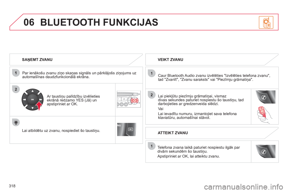 CITROEN C4 PICASSO 2013  Lietošanas Instrukcija (in Latvian) 318
06
2
1
2
1
OK
   
SAŅEMT ZVANU  
   
Par ienākošu zvanu ziņo skaņas si
gnāls un pārklājošs ziņojums uz automašīnas daudzfunkcionālā ekrāna.
   
Ar taustiņu palīdzību izvēlieties