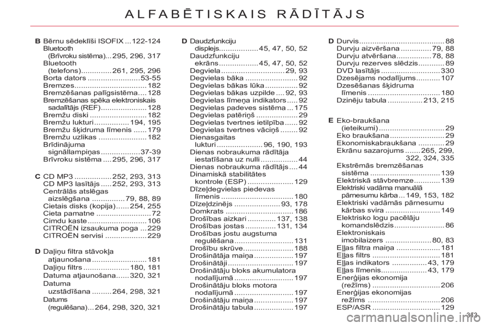 CITROEN C4 PICASSO 2013 Lietošanas Instrukcija (in Latvian) 343
ALFABĒTISKAIS RĀDĪTĀJS
Eko-braukšana(ieteikumi) ..............................29Eko braukšana .........................29Ekonomiskabraukšana............29Ekrānu sazarojums .......265, 299 CITROEN C4 PICASSO 2013 Lietošanas Instrukcija (in Latvian) 343
ALFABĒTISKAIS RĀDĪTĀJS
Eko-braukšana(ieteikumi) ..............................29Eko braukšana .........................29Ekonomiskabraukšana............29Ekrānu sazarojums .......265, 299
