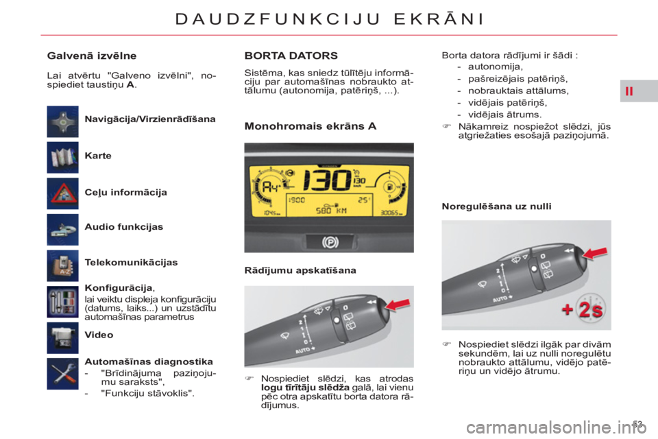CITROEN C4 PICASSO 2013  Lietošanas Instrukcija (in Latvian) II
53 
DAUDZFUNKCIJU EKRĀNI
 
 
Galvenā izvēlne 
 
 
Ceļu 
  informācija 
     
Navigācija/Virzienrādīšana   
   
Karte 
 
   
Audio 
  funkcijas 
 
   
Telekomunikācijas 
 
   
Konﬁ gurā