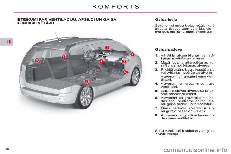 CITROEN C4 PICASSO 2013  Lietošanas Instrukcija (in Latvian) III
56 
KOMFORTS
IETEIKUMI PAR VENTILĀCIJU, APSILDI UN GAISA KONDICIONĒTĀJU    
Gaisa ieeja 
 
Sekojiet, lai gaisa ieejas režģis, kurš 
atrodas ārpusē zem vējstikla, vien-
mēr būtu tīrs (k
