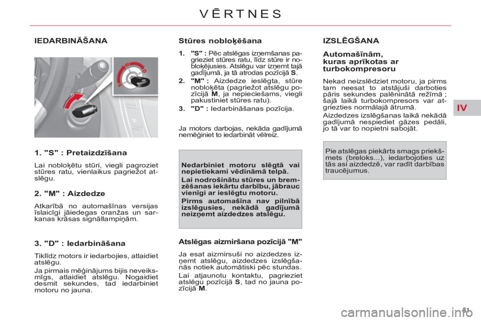 CITROEN C4 PICASSO 2013  Lietošanas Instrukcija (in Latvian) IV
81 
VĒRTNES
IEDARBINĀŠANA 
   
1. "S" : Pretaizdzīšana 
 
Lai nobloķētu stūri, viegli pagroziet 
stūres ratu, vienlaikus pagriežot at-
slēgu.  
 
 
2. "M" : Aizdedze 
 
Atkarībā no aut