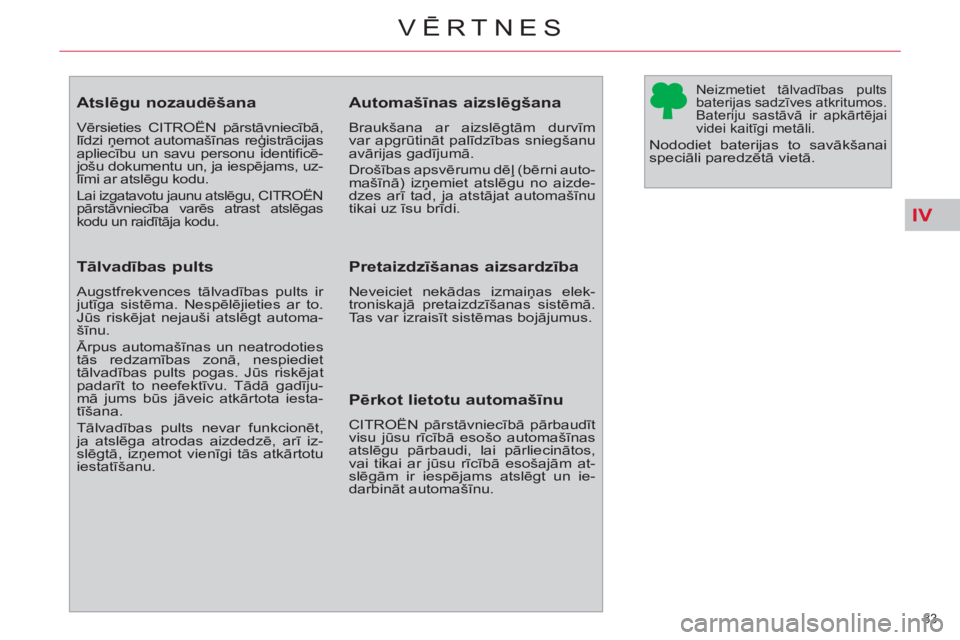 CITROEN C4 PICASSO 2013  Lietošanas Instrukcija (in Latvian) IV
83 
VĒRTNES
 
 
 
 
 
 
 
 
 
 
 
 
 
 
 
Atslēgu nozaudēšana 
 
Vērsieties CITROËN pārstāvniecībā, 
līdzi ņemot automašīnas reģistrācijas 
apliecību un savu personu identiﬁ cē-