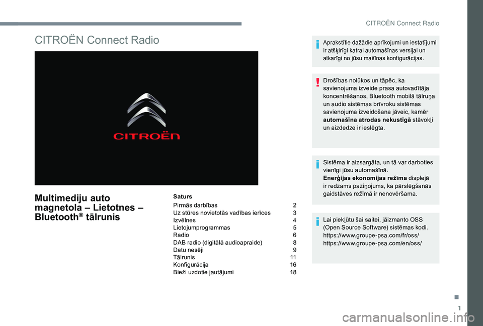 CITROEN C4 SPACETOURER 2021 Lietošanas Instrukcija (in Latvian) 1
CITROËN Connect Radio
Multimediju auto
magnetola – Lietotnes –
Bluetooth
® tālrunis
Saturs
Pirmās darbības
2
U
z stūres novietotās vadības ierīces
3
I
zvēlnes
4
L
ietoju CITROEN C4 SPACETOURER 2021 Lietošanas Instrukcija (in Latvian) 1
CITROËN Connect Radio
Multimediju auto
magnetola – Lietotnes –
Bluetooth
® tālrunis
Saturs
Pirmās darbības
2
U
z stūres novietotās vadības ierīces
3
I
zvēlnes
4
L
ietoju