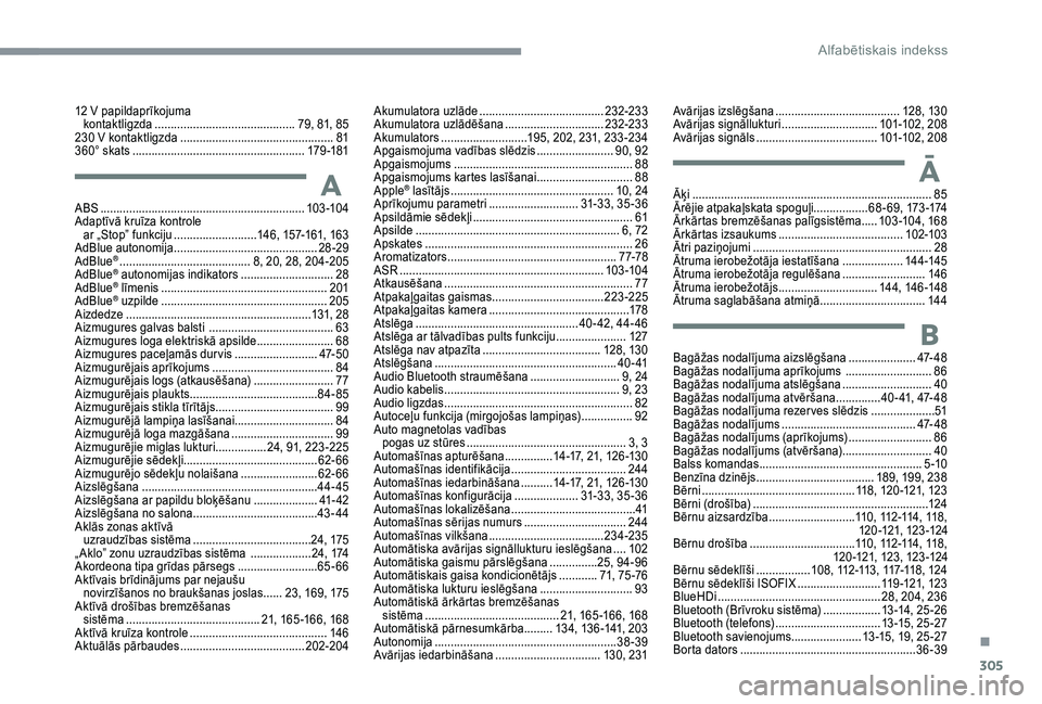 CITROEN C4 SPACETOURER 2021  Lietošanas Instrukcija (in Latvian) 305
ABS ................................................................103 -104
Adaptīvā kruīza kontrole   ar „Stop” funkciju
 
..........................1
 46, 157-161, 163
AdBlue autonomija
