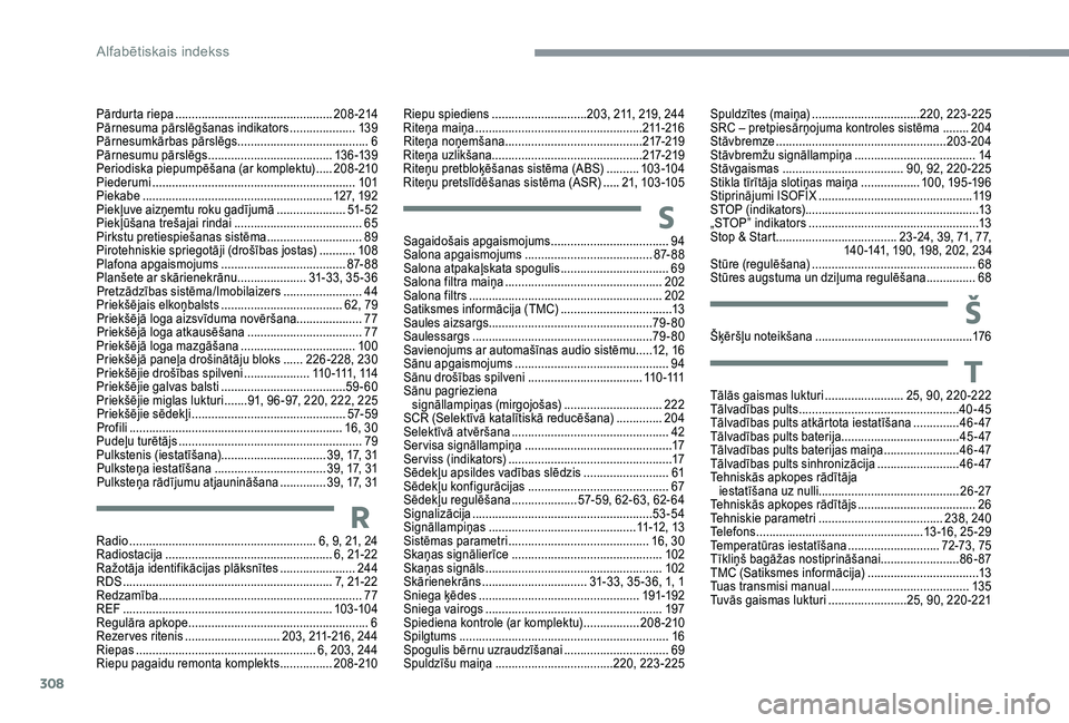 CITROEN C4 SPACETOURER 2021  Lietošanas Instrukcija (in Latvian) 308
Tālās gaismas lukturi ........................ 25, 90, 220 -222
Tālvadības pults .................................. ...............40-45
Tālvadības pults atkārtota iestatīšana
 
.........