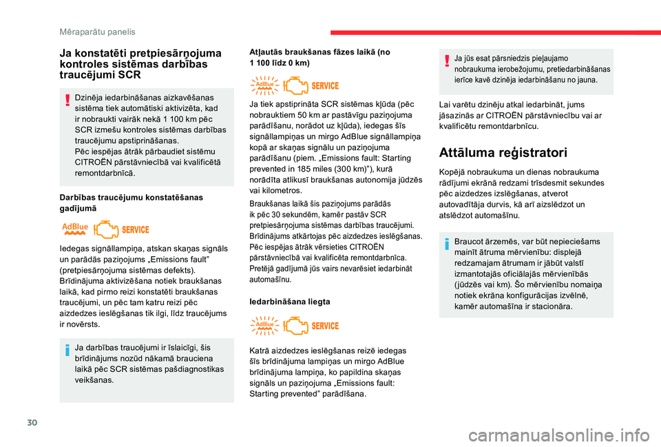 CITROEN C4 SPACETOURER 2021  Lietošanas Instrukcija (in Latvian) 30
Ja konstatēti pretpiesārņojuma 
kontroles sistēmas darbības 
traucējumi SCR
Dzinēja iedarbināšanas aizkavēšanas 
sistēma tiek automātiski aktivizēta, kad 
ir nobraukti vairāk nekā 1