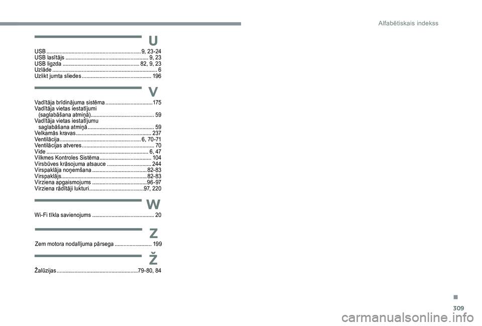 CITROEN C4 SPACETOURER 2021 Lietošanas Instrukcija (in Latvian) 309
Vadītāja brīdinājuma sistēma ................................17 5
Vadītāja vietas iestatījumi (saglabāšana atmiņā)
........................................... 59
V
adītāja vietas CITROEN C4 SPACETOURER 2021 Lietošanas Instrukcija (in Latvian) 309
Vadītāja brīdinājuma sistēma ................................17 5
Vadītāja vietas iestatījumi (saglabāšana atmiņā)
........................................... 59
V
adītāja vietas