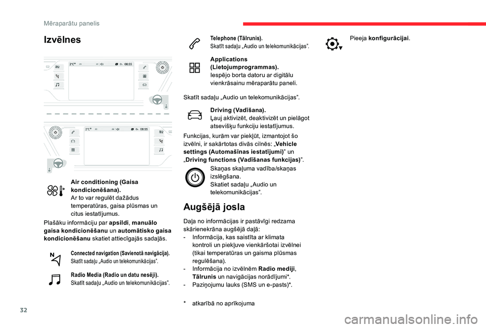CITROEN C4 SPACETOURER 2021  Lietošanas Instrukcija (in Latvian) 32
Izvēlnes
Plašāku informāciju par apsildi, manuālo 
gaisa kondicionēšanu  un automātisko gaisa 
kondicionēšanu  skatiet attiecīgajās sadaļās.
Augšējā josla
* atkarībā no aprīkoju