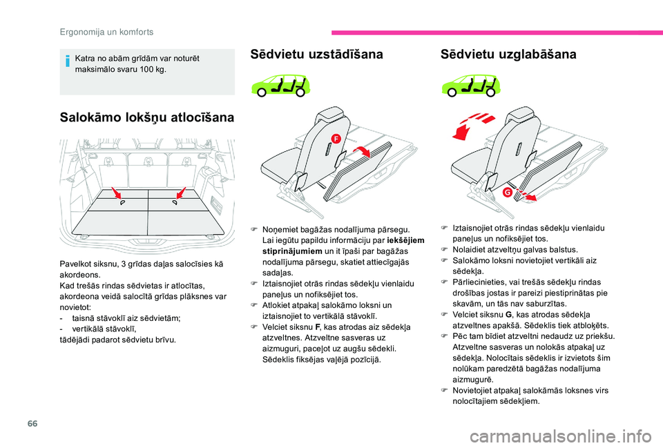 CITROEN C4 SPACETOURER 2021  Lietošanas Instrukcija (in Latvian) 66
Katra no abām grīdām var noturēt 
maksimālo svaru 100  kg.
Salokāmo lokšņu atlocīšana
Pavelkot siksnu, 3 grīdas daļas salocīsies kā 
a kordeons.
Kad trešās rindas sēdvietas ir atlo