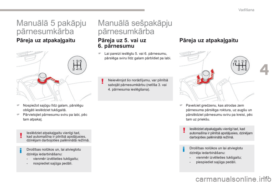 CITROEN C4 SPACETOURER 2018  Lietošanas Instrukcija (in Latvian) 141
C4-Picasso-II_lv_Chap04_conduite_ed02-2016
Manuālā 5 pakāpju 
pārnesumkārba
Pāreja uz atpakaļgaitu
F Nospiežot sajūgu līdz galam, pārslēgu obligāti ieslēdziet tukšgaitā.
F
 
P
 ār