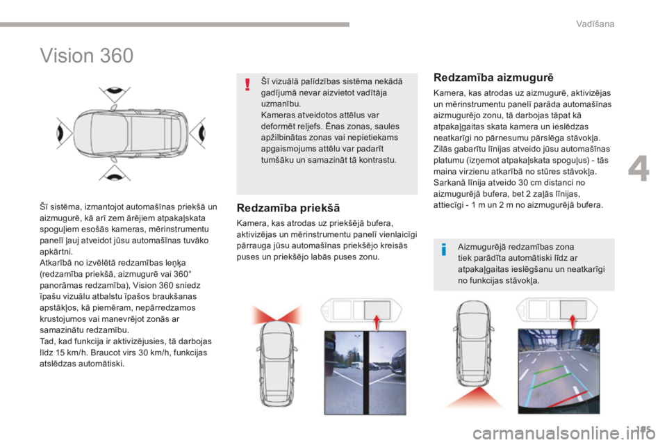 CITROEN C4 SPACETOURER 2018 Lietošanas Instrukcija (in Latvian) 195
C4-Picasso-II_lv_Chap04_conduite_ed02-2016
Vision 360
Šī sistēma, izmantojot automašīnas priekšā un
aizmugurē, kā arī zem ārējiem atpakaļskata
spoguļiem esošās kameras, mērinstr CITROEN C4 SPACETOURER 2018 Lietošanas Instrukcija (in Latvian) 195
C4-Picasso-II_lv_Chap04_conduite_ed02-2016
Vision 360
Šī sistēma, izmantojot automašīnas priekšā un
aizmugurē, kā arī zem ārējiem atpakaļskata
spoguļiem esošās kameras, mērinstr