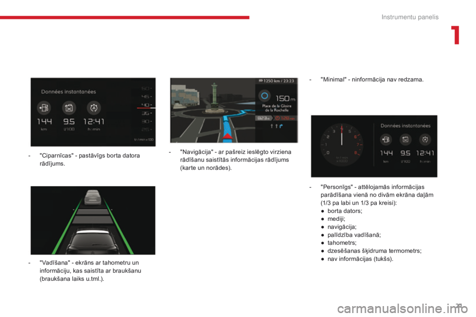 CITROEN C4 SPACETOURER 2018  Lietošanas Instrukcija (in Latvian) 21
C4-Picasso-II_lv_Chap01_instruments-bord_ed02-2016
- "Vadīšana" - ekrāns ar tahometru un informāciju, kas saistīta ar braukšanu 
(braukšana laiks u.tml.). -
 
"
 Navigācija"