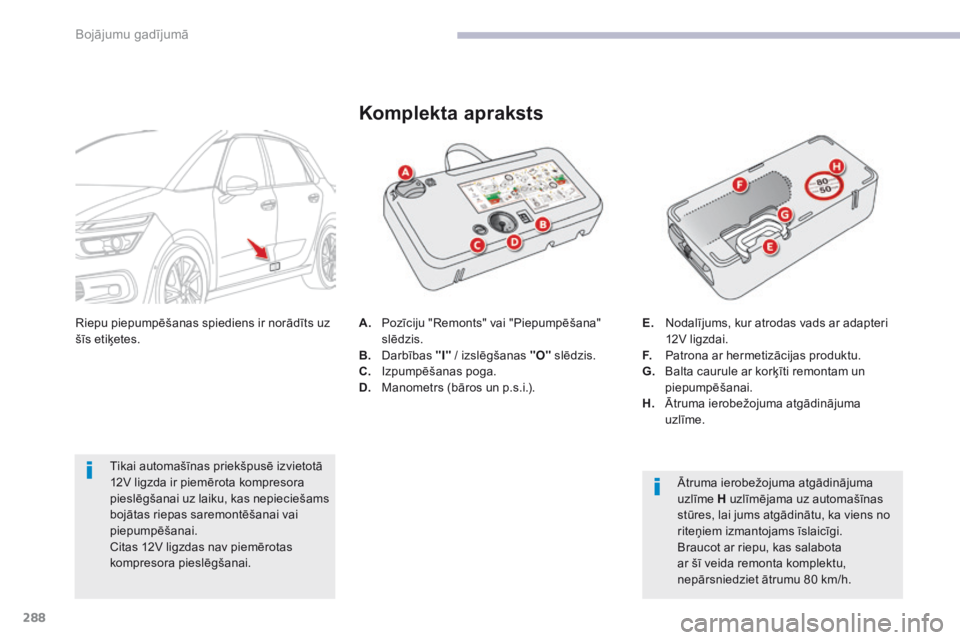 CITROEN C4 SPACETOURER 2018  Lietošanas Instrukcija (in Latvian) 288
C4-Picasso-II_lv_Chap08_en-cas-panne_ed02-2016
A. Pozīciju "Remonts" vai "Piepumpēšana" slēdzis.
B.
 D

arbības  "I" / izslēgšanas "O"  slēdzis.
C.
 I

zpum