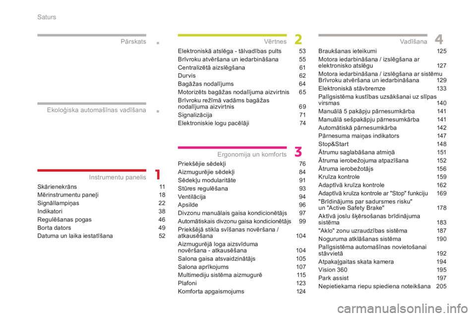 CITROEN C4 SPACETOURER 2018  Lietošanas Instrukcija (in Latvian) C4-Picasso-II_lv_Chap00a_sommaire_ed02-2016
Skārienekrāns 11
Mērinstrumentu paneļi  
1
 8
Signāllampiņas
 2

2
Indikatori
 3

8
Regulēšanas pogas
 
4
 6
Borta dators
 
4
 9
Datuma un laika ies