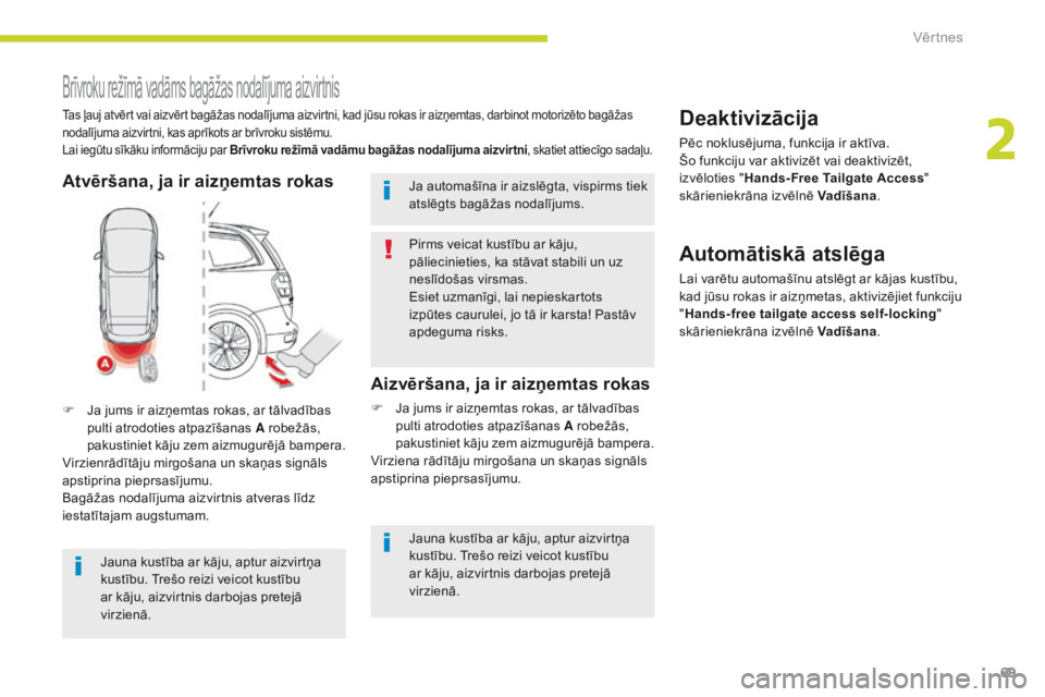 CITROEN C4 SPACETOURER 2018  Lietošanas Instrukcija (in Latvian) 69
C4-Picasso-II_lv_Chap02_ouvertures_ed02-2016
Brīvroku režīmā vadāms bagāžas nodalījuma aizvirtnis
Tas ļauj atvērt vai aizvērt bagāžas nodalījuma aizvirtni, kad jūsu rokas ir aizņemt