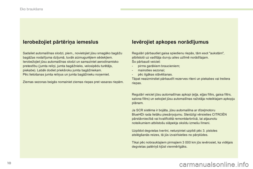 CITROEN C4 SPACETOURER 2016 Lietošanas Instrukcija (in Latvian) 10
C4-Picasso-II_lv_Chap00c_eco-conduite_ed01-2016
Ierobežojiet pārtēriņa iemeslus
Sadaliet automašīnas slodzi, piem., novietojiet jūsu smagāko bagāžu
bagāžas nodalījuma dziļumā, tuvā CITROEN C4 SPACETOURER 2016 Lietošanas Instrukcija (in Latvian) 10
C4-Picasso-II_lv_Chap00c_eco-conduite_ed01-2016
Ierobežojiet pārtēriņa iemeslus
Sadaliet automašīnas slodzi, piem., novietojiet jūsu smagāko bagāžu
bagāžas nodalījuma dziļumā, tuvā