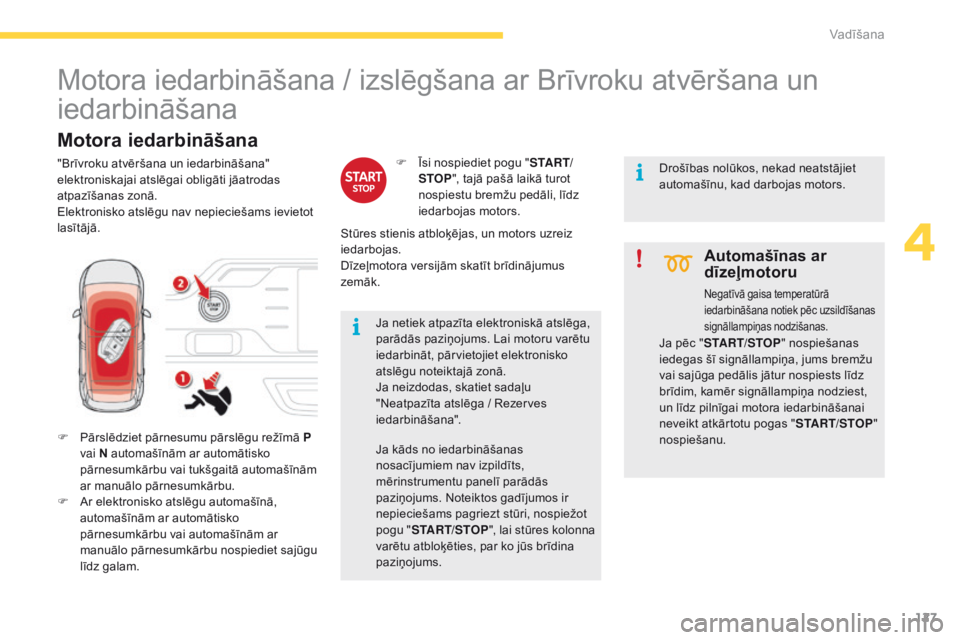 CITROEN C4 SPACETOURER 2016 Lietošanas Instrukcija (in Latvian) 127
C4-Picasso-II_lv_Chap04_conduite_ed01-2016
Motora iedarbināšana / izslēgšana ar Brīvroku atvēršana un
iedarbināšana
F Pārslēdziet pārnesumu pārslēgu režīmā P
vai N automašīn CITROEN C4 SPACETOURER 2016 Lietošanas Instrukcija (in Latvian) 127
C4-Picasso-II_lv_Chap04_conduite_ed01-2016
Motora iedarbināšana / izslēgšana ar Brīvroku atvēršana un
iedarbināšana
F Pārslēdziet pārnesumu pārslēgu režīmā P
vai N automašīn