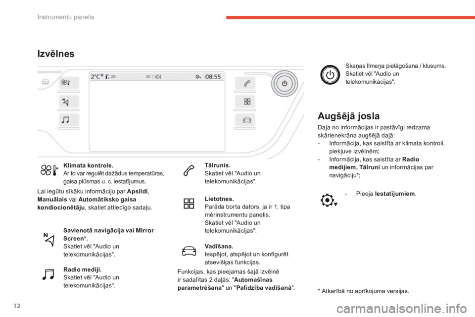 CITROEN C4 SPACETOURER 2016 Lietošanas Instrukcija (in Latvian) 12
C4-Picasso-II_lv_Chap01_instruments-bord_ed01-2016
IzvēlnesAugšējā josla
Daļa no informācijas ir pastāvīgi redzama
skārienekrāna augšējā daļā:
-
I
nformācija, kas saistīta ar kl CITROEN C4 SPACETOURER 2016 Lietošanas Instrukcija (in Latvian) 12
C4-Picasso-II_lv_Chap01_instruments-bord_ed01-2016
IzvēlnesAugšējā josla
Daļa no informācijas ir pastāvīgi redzama
skārienekrāna augšējā daļā:
-
I
nformācija, kas saistīta ar kl