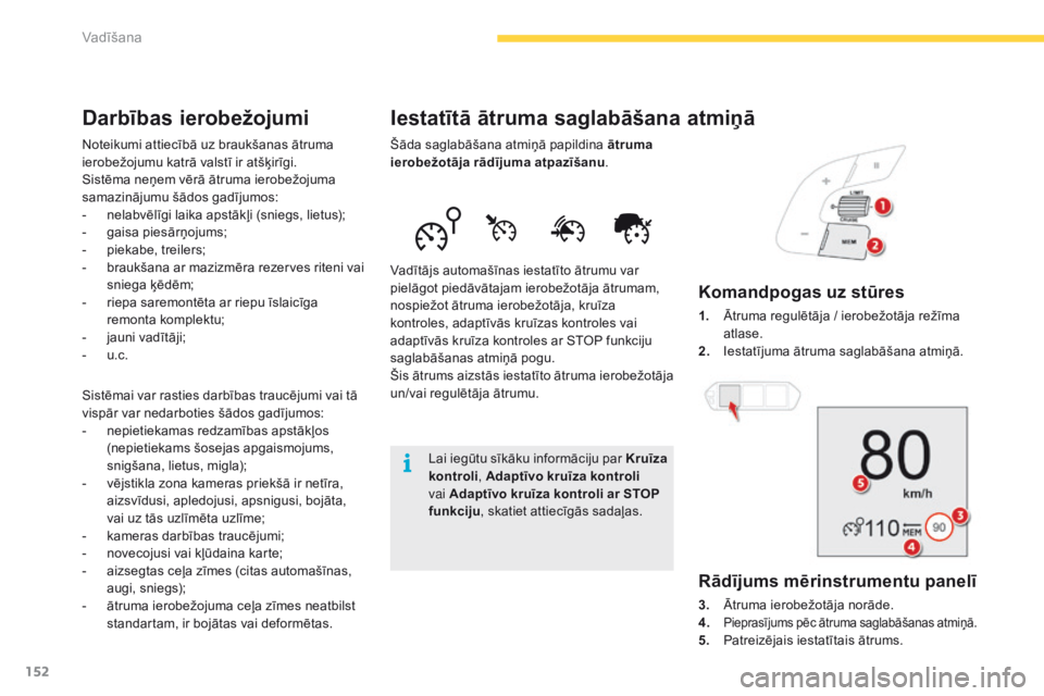 CITROEN C4 SPACETOURER 2016  Lietošanas Instrukcija (in Latvian) 152
C4-Picasso-II_lv_Chap04_conduite_ed01-2016
Iestatītā ātruma saglabāšana atmiņā
Šāda saglabāšana atmiņā papildina ātruma 
ierobežotāja rādījuma atpazīšanu .
Vadītājs automaš
