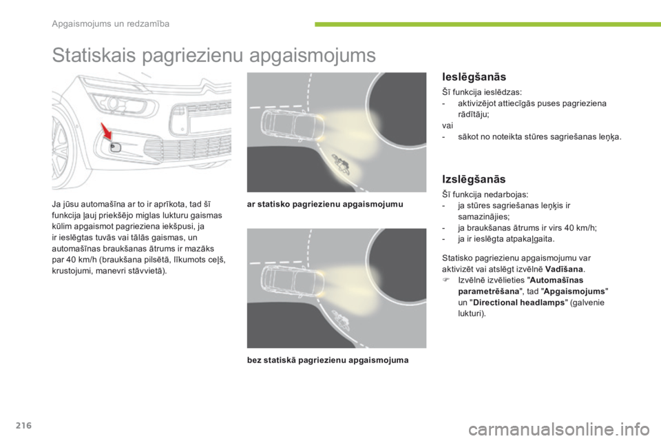 CITROEN C4 SPACETOURER 2016  Lietošanas Instrukcija (in Latvian) 216
C4-Picasso-II_lv_Chap05_eclairage-visibilite_ed01-2016
Statiskais pagriezienu apgaismojums
Ja jūsu automašīna ar to ir aprīkota, tad šī 
funkcija ļauj priekšējo miglas lukturu gaismas 
k