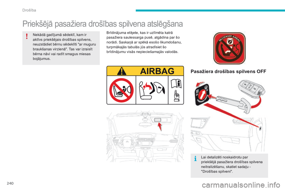 CITROEN C4 SPACETOURER 2016  Lietošanas Instrukcija (in Latvian) 240
C4-Picasso-II_lv_Chap06_securite_ed01-2016
Priekšējā pasažiera drošības spilvena atslēgšana
Pasažiera drošības spilvens OFF
Lai detalizēti noskaidrotu par 
priekšējā pasažiera dro