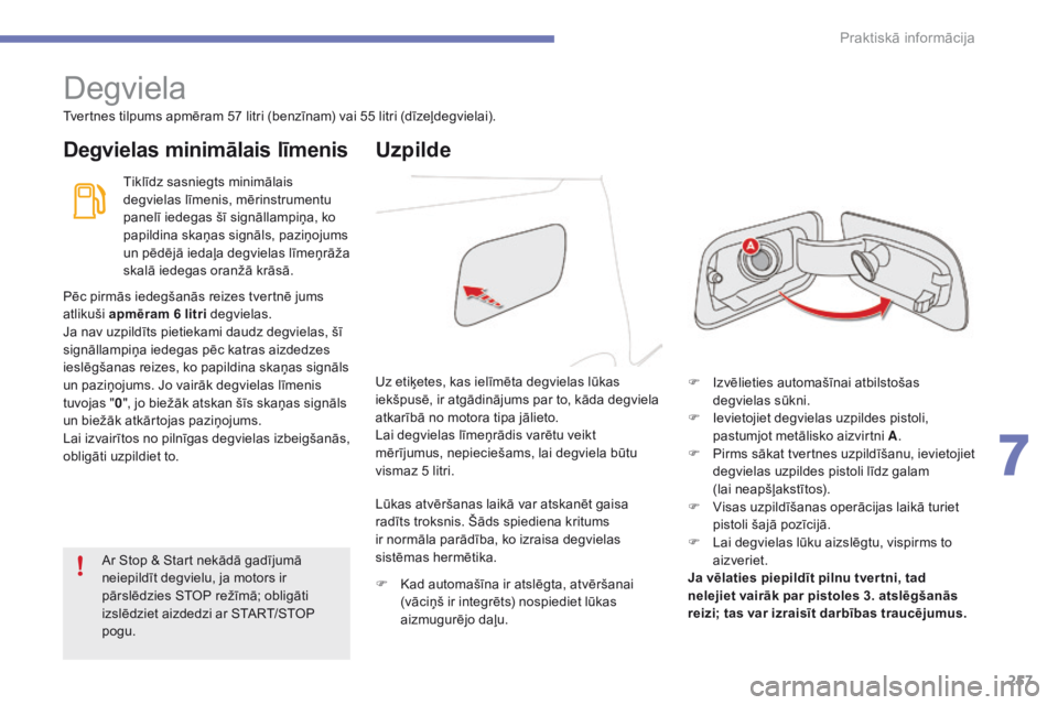 CITROEN C4 SPACETOURER 2016  Lietošanas Instrukcija (in Latvian) 257
C4-Picasso-II_lv_Chap07_info-pratiques_ed01-2016
Degviela
Tvertnes tilpums apmēram 57 litri (benzīnam) vai 55 litri (dīzeļdegvielai).
Degvielas minimālais līmenisUzpilde
Tiklīdz sasniegts m