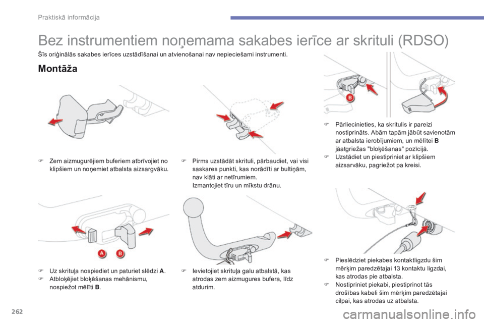 CITROEN C4 SPACETOURER 2016 Lietošanas Instrukcija (in Latvian) 262
C4-Picasso-II_lv_Chap07_info-pratiques_ed01-2016
Bez instrumentiem noņemama sakabes ierīce ar skrituli (RDSO)
Montāža
F Zem aizmugurējiem buferiem atbrīvojiet no klipšiem un noņemiet atbal CITROEN C4 SPACETOURER 2016 Lietošanas Instrukcija (in Latvian) 262
C4-Picasso-II_lv_Chap07_info-pratiques_ed01-2016
Bez instrumentiem noņemama sakabes ierīce ar skrituli (RDSO)
Montāža
F Zem aizmugurējiem buferiem atbrīvojiet no klipšiem un noņemiet atbal