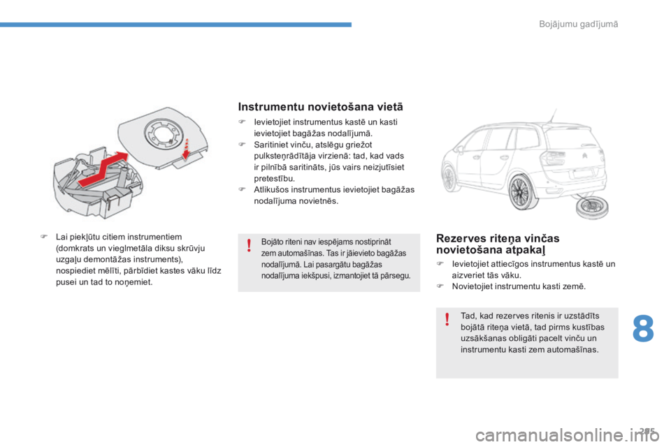 CITROEN C4 SPACETOURER 2016 Lietošanas Instrukcija (in Latvian) 295
C4-Picasso-II_lv_Chap08_en-cas-panne_ed01-2016
Bojāto riteni nav iespējams nostiprināt
zem automašīnas. Tas ir jāievieto bagāžas
nodalījumā. Lai pasargātu bagāžas
nodalījuma iekš CITROEN C4 SPACETOURER 2016 Lietošanas Instrukcija (in Latvian) 295
C4-Picasso-II_lv_Chap08_en-cas-panne_ed01-2016
Bojāto riteni nav iespējams nostiprināt
zem automašīnas. Tas ir jāievieto bagāžas
nodalījumā. Lai pasargātu bagāžas
nodalījuma iekš