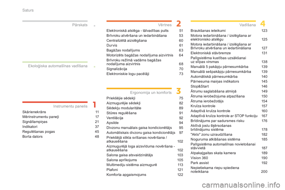 CITROEN C4 SPACETOURER 2016  Lietošanas Instrukcija (in Latvian) C4-Picasso-II_lv_Chap00a_sommaire_ed01-2016
Skārienekrāns 11
Mērinstrumentu paneļi  
1
 7
Signāllampiņas
 2

1
Indikatori
 3

7
Regulēšanas pogas
 
4
 5
Borta dators
 
4
 8
Instrumentu panelis