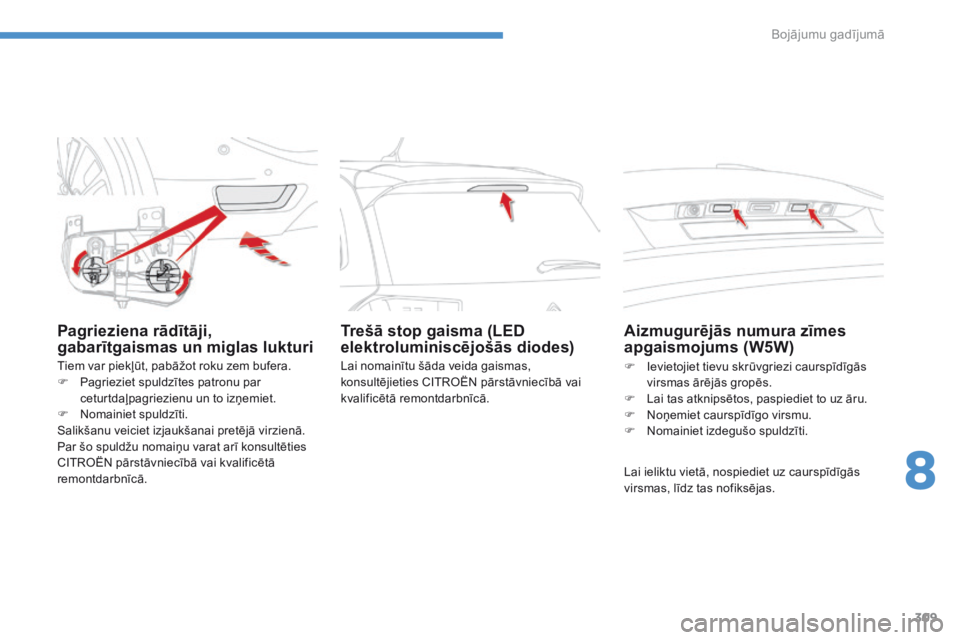 CITROEN C4 SPACETOURER 2016  Lietošanas Instrukcija (in Latvian) 309
C4-Picasso-II_lv_Chap08_en-cas-panne_ed01-2016
Pagrieziena rādītāji, 
gabarītgaismas un miglas lukturi
Tiem var piekļūt, pabāžot roku zem bufera.
F P agrieziet spuldzītes patronu par 
cet