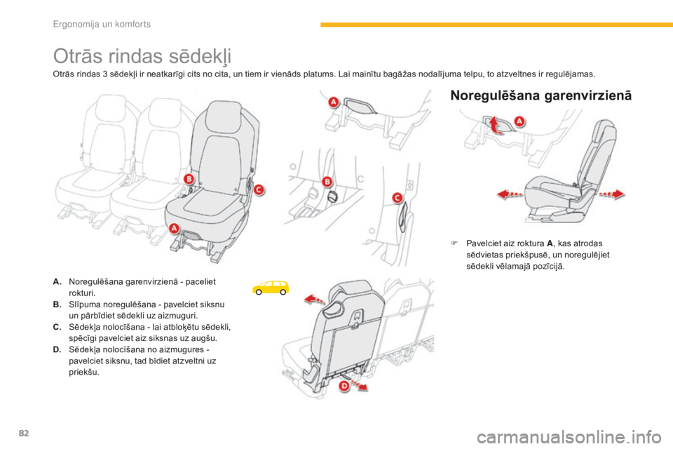 CITROEN C4 SPACETOURER 2016 Lietošanas Instrukcija (in Latvian) 82
C4-Picasso-II_lv_Chap03_ergonomie-confort_ed01-2016
Otrās rindas sēdekļi
Noregulēšana garenvirzienā
F Pavelciet aiz roktura A, kas atrodas
sēdvietas priekšpusē, un noregulējiet
sēdekli CITROEN C4 SPACETOURER 2016 Lietošanas Instrukcija (in Latvian) 82
C4-Picasso-II_lv_Chap03_ergonomie-confort_ed01-2016
Otrās rindas sēdekļi
Noregulēšana garenvirzienā
F Pavelciet aiz roktura A, kas atrodas
sēdvietas priekšpusē, un noregulējiet
sēdekli