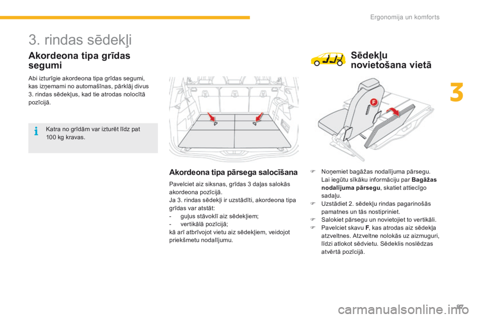 CITROEN C4 SPACETOURER 2016 Lietošanas Instrukcija (in Latvian) 87
C4-Picasso-II_lv_Chap03_ergonomie-confort_ed01-2016
3. rindas sēdekļi
Akordeona tipa grīdas
segumi
Akordeona tipa pārsega salocīšanaF Noņemiet bagāžas nodalījuma pārsegu. Lai iegūtu s CITROEN C4 SPACETOURER 2016 Lietošanas Instrukcija (in Latvian) 87
C4-Picasso-II_lv_Chap03_ergonomie-confort_ed01-2016
3. rindas sēdekļi
Akordeona tipa grīdas
segumi
Akordeona tipa pārsega salocīšanaF Noņemiet bagāžas nodalījuma pārsegu. Lai iegūtu s