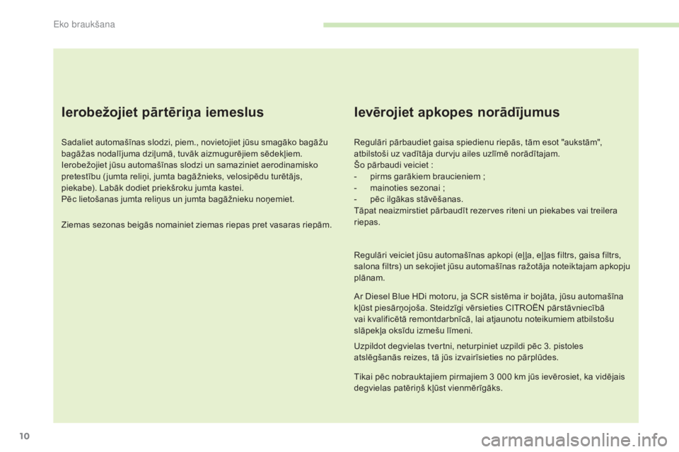 CITROEN C4 SPACETOURER 2015  Lietošanas Instrukcija (in Latvian) 1010
C4-Picasso-II_lv_Chap00c_eco-conduite_ed01-2014
Ierobežojiet pārtēriņa iemeslus
Sadaliet automašīnas slodzi, piem., novietojiet jūsu smagāko bagāžu 
bagāžas nodalījuma dziļumā, tuv