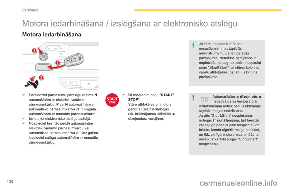 CITROEN C4 SPACETOURER 2015  Lietošanas Instrukcija (in Latvian) 126
C4-Picasso-II_lv_Chap04_conduite_ed01-2014
Motora iedarbināšana / izslēgšana ar elektronisko atslēgu
F Pārslēdziet pārnesumu pārslēgu režīmā  N 
automašīnām ar elektriski vadāmo 
