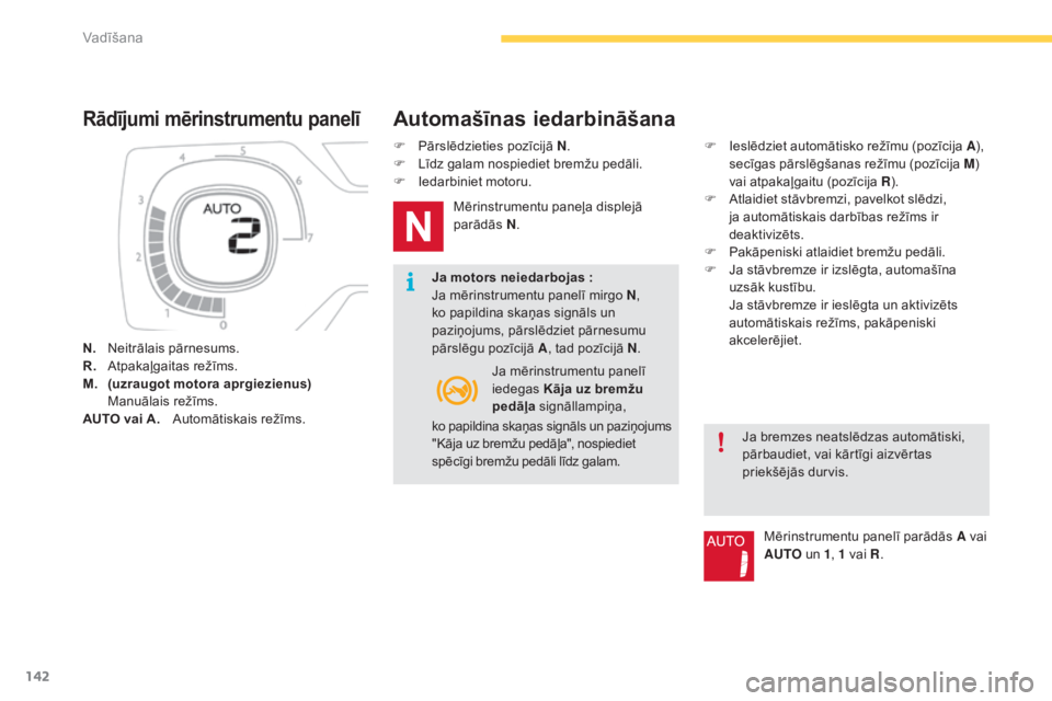 CITROEN C4 SPACETOURER 2015 Lietošanas Instrukcija (in Latvian) 142
C4-Picasso-II_lv_Chap04_conduite_ed01-2014
Rādījumi mērinstrumentu panelī
N. Neitrālais pārnesums.
R. A tpakaļgaitas režīms.
M.
(
uzraugot motora aprgiezienus)
M
anuālais režīms.
A CITROEN C4 SPACETOURER 2015 Lietošanas Instrukcija (in Latvian) 142
C4-Picasso-II_lv_Chap04_conduite_ed01-2014
Rādījumi mērinstrumentu panelī
N. Neitrālais pārnesums.
R. A tpakaļgaitas režīms.
M.
(
uzraugot motora aprgiezienus)
M
anuālais režīms.
A