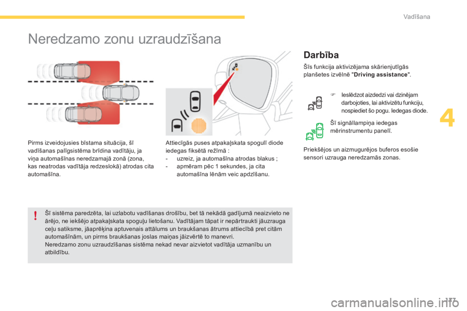CITROEN C4 SPACETOURER 2015 Lietošanas Instrukcija (in Latvian) 177
C4-Picasso-II_lv_Chap04_conduite_ed01-2014
Neredzamo zonu uzraudzīšana
Darbība
Attiecīgās puses atpakaļskata spogulī diode
iedegas fiksētā režīmā :
-
u
zreiz, ja automašīna atroda CITROEN C4 SPACETOURER 2015 Lietošanas Instrukcija (in Latvian) 177
C4-Picasso-II_lv_Chap04_conduite_ed01-2014
Neredzamo zonu uzraudzīšana
Darbība
Attiecīgās puses atpakaļskata spogulī diode
iedegas fiksētā režīmā :
-
u
zreiz, ja automašīna atroda